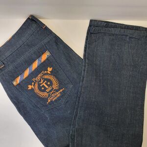 Triple Fat Goose Vintage Y2K Mens Dark Wash Blue Jeans Orange/Blue Trim 40x34